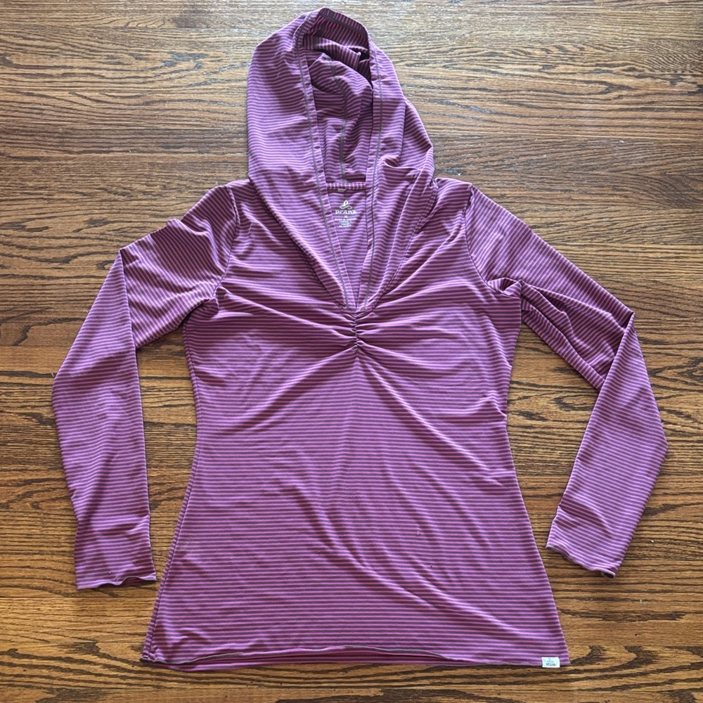 Prana Perry Pink & Gray Horizontal Stripe Hooded Pullover, Size Medium